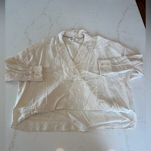 Anthropologie Cream Relaxed V-Neck Button Cuff Blouse